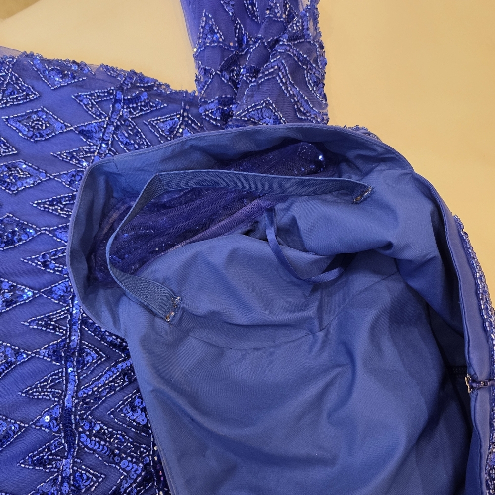 Serene Hill Beaded Elegant Blue Cape Sleeve Evening Gown - Size US 12 Large - Picture 15 of 17
